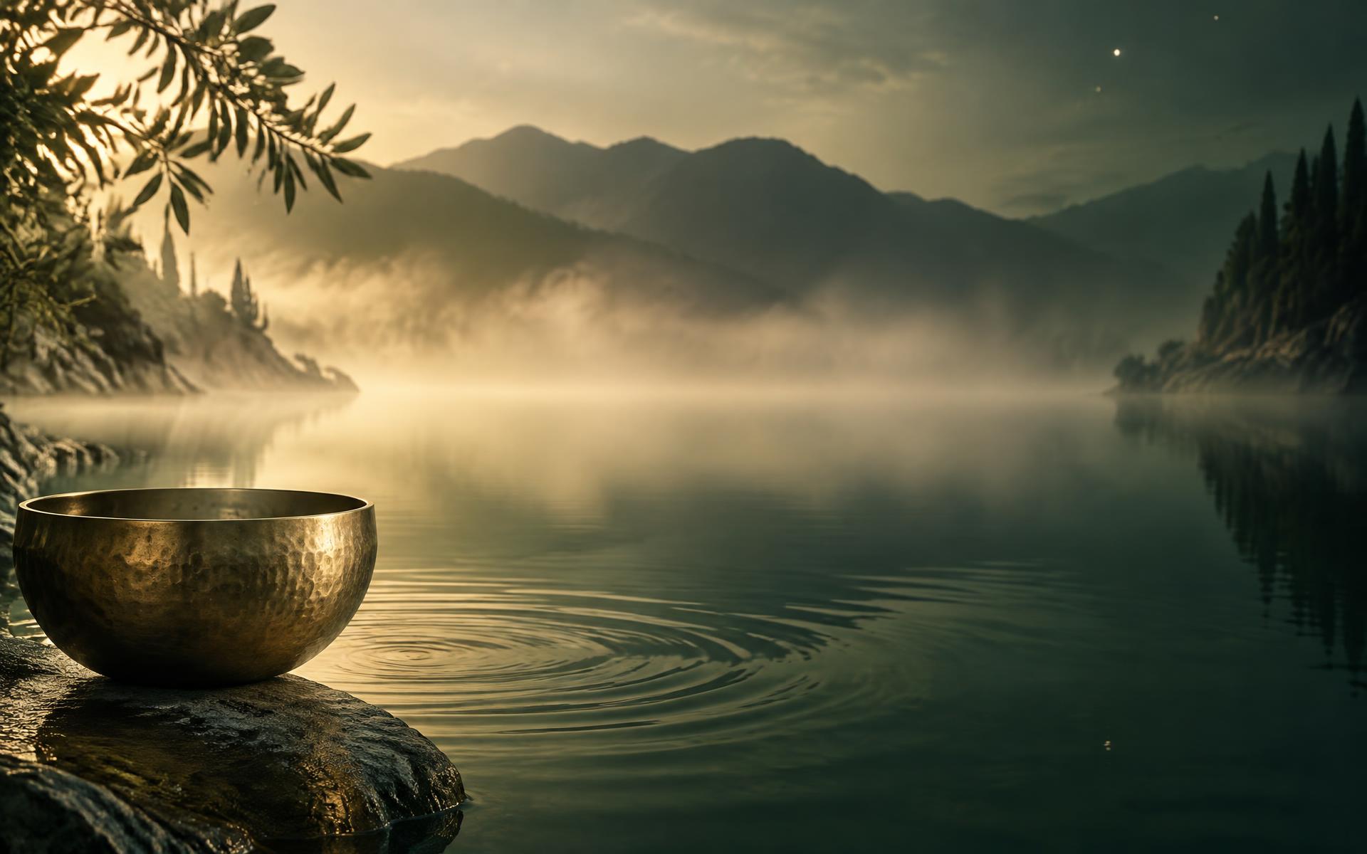 Bronze singing bowl beside rippling emerald water at dawn